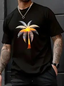 Men's Fashion Trend Pure Cotton Round Neck Casual Palm Tree Print T-shirt for Summer