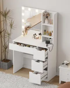 Garvee White Reversible Corner Dressing Table and Small Vanity Desk with Adjustable RGB LED Lighting, HD Mirror, Multiple Drawers and Shelves, Charging Station, Power Outlet, Ideal for Bedroom or Dressing Room