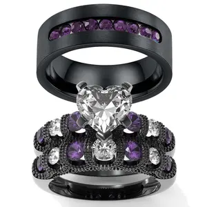 Couple Rings Matching Rings Yellow Gold Plated 1ct AAA CZ 2pcs Women Wedding Ring Sets For Him And Her Ring Sets Men Titanium Steel Wedding Band