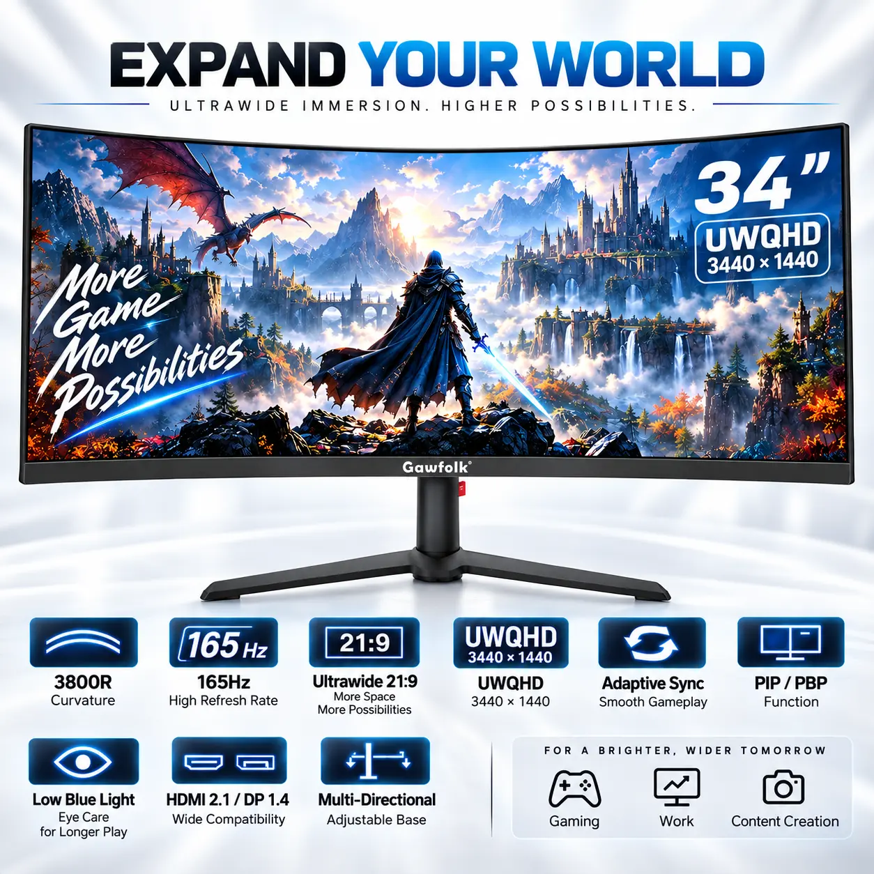 Gawfolk 34 Inch Ultrawide 21:9 UWQHD 3440x1440 Curved Gaming Monitor,165Hz,3800R Curvature,Adaptive Sync,Multi‑Directional Adjustable Base,PIP/PBP Function,Low Blue Light,HDMI2.1/DP1.4 for Gaming Work Content Creation | Immersive Wide Screen For Gaming