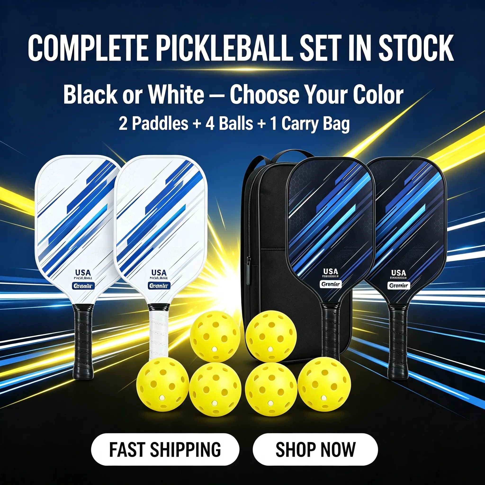 Gremirr Pickleball Paddles Set of 2, Fiberglass Pickleball Rackets with 4 Pickle Balls & Carry Bag, Complete Pickleball Set for Beginners Family Outdoor Play