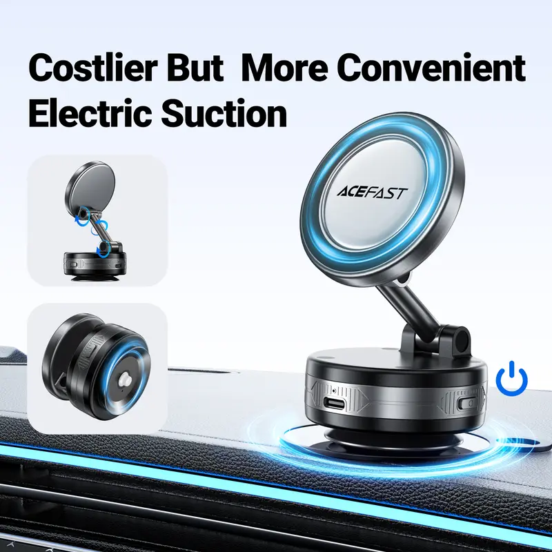 ACEFAST E30 Electric Vacuum MagSafe Car Cellphone Mount - 360-Degree Rotatable, Portable, Durable Reusable Suction Cup, Adhesive Pad, Reposition w/o Mess, Phone Holder for Car, Fits iPhone/Android, Windshield Vlogging Use