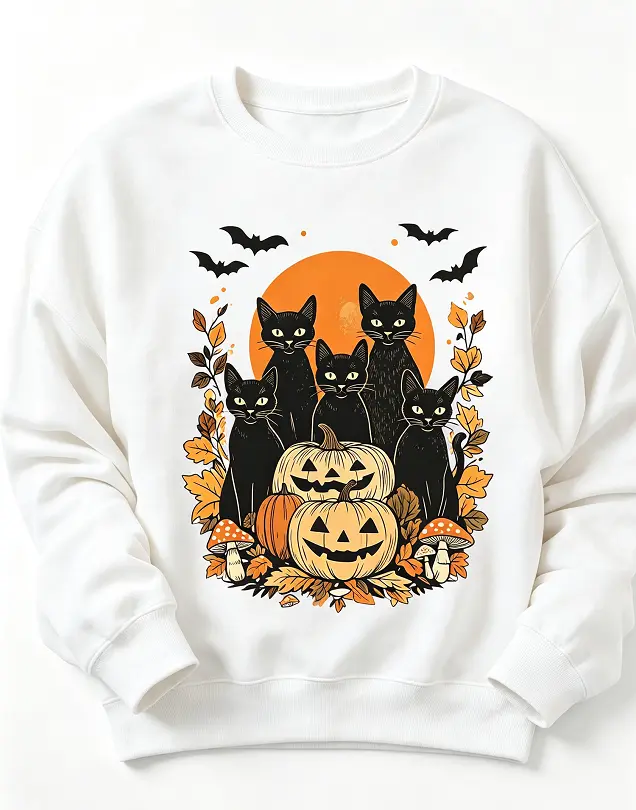 Women's Vintage Pastoral Round Neck Sweatshirt - Comfortable Everyday Fabric Garment with Crescent Background, Black Cat, Pumpkin, Mushroom, Autumn Leaves, Bat Prints - Fall Casual Versatile T-Shirt