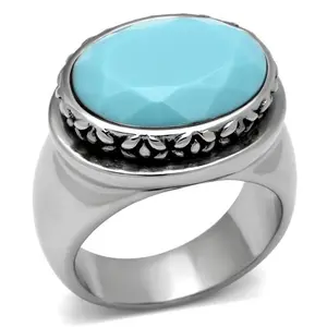 212 MAIN Women's Polished Chrome High-Polished Stainless Steel Ring - Sea Blue Synthetic Stone, Size 5, Polished Chrome Rings