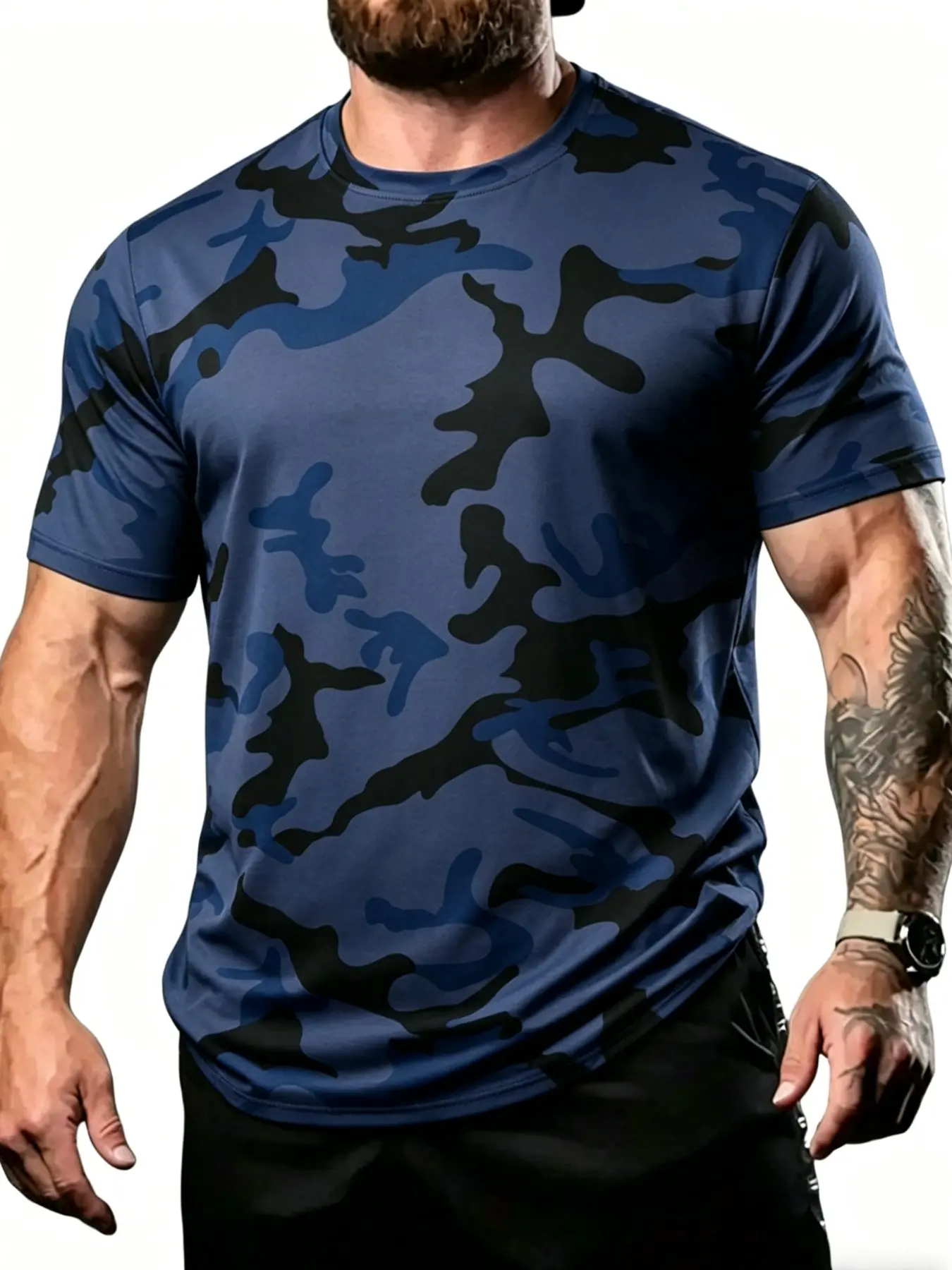 Men's Camouflage Quick-Dry T-Shirt, Moisture-Wicking Sport Fitness Short Sleeve Round Neck, Breathable Outdoor Running Gym Training Top, Gym Tees, Gym T Shirts, Fitness Apparel, Fitness Clothes Tops
