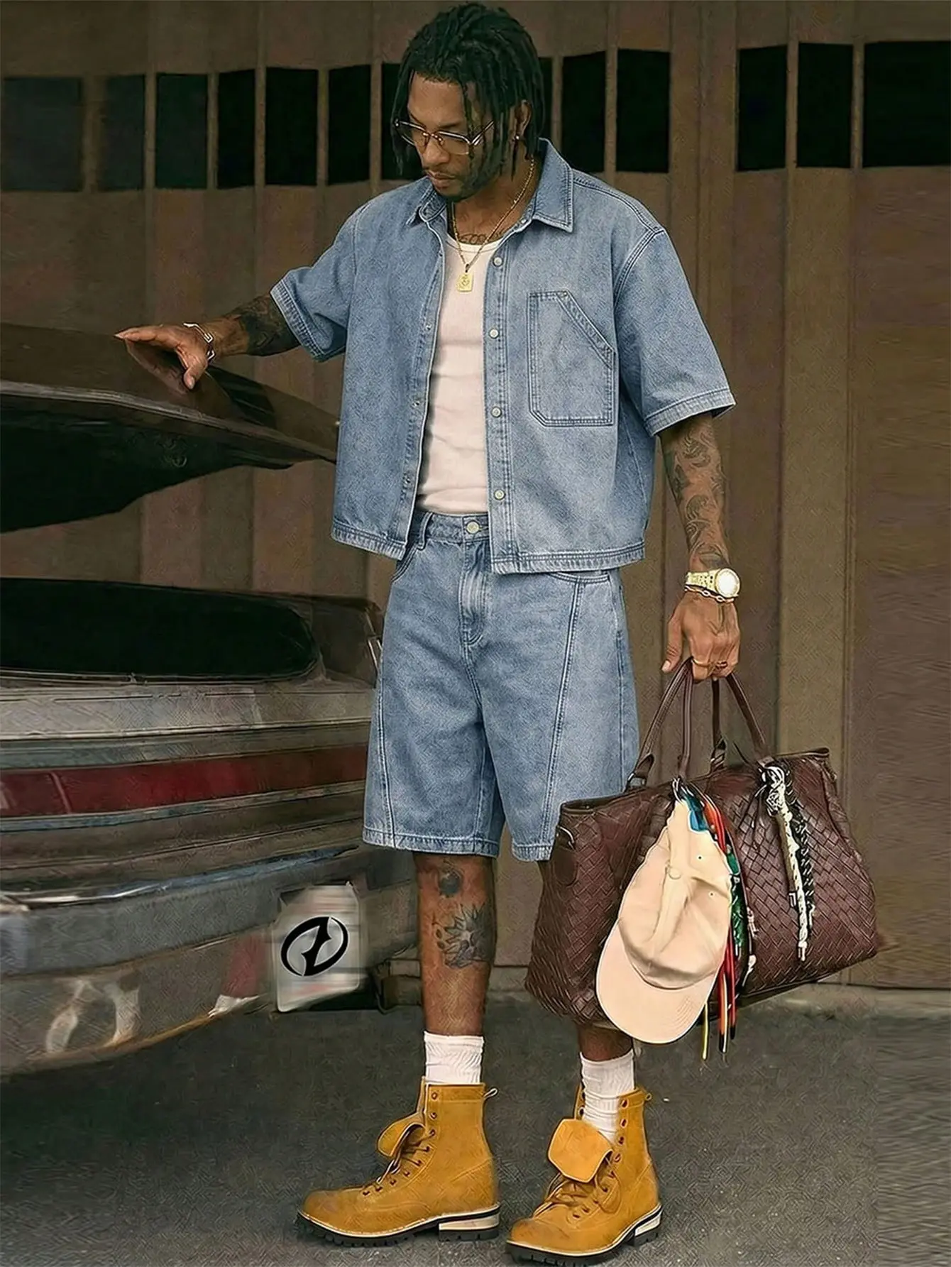 Vacation clothing - Men 2 piece sets - Men Short Sleeve Denim Shirt & Pocket Shorts Set for Casual Summer Streetwear vacation outfit men 2 piece sets cotton shorts cargo shorts cotton summer clothes shirts for men y2k clothing shorts for summer shirt