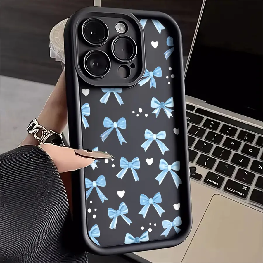 Blue Bow Heart Pattern Silicone TPU Phone Case - Lens Protection, Durable Soft Cover, 2D Printing, Valentine's Day Gift - Compatible with iPhone 17 Pro Max,16,16e,15,14 Plus,13,12 Mini,11,Air,X,XS - Mobile Phone Accessories, Iphone 12 Mini, Adult