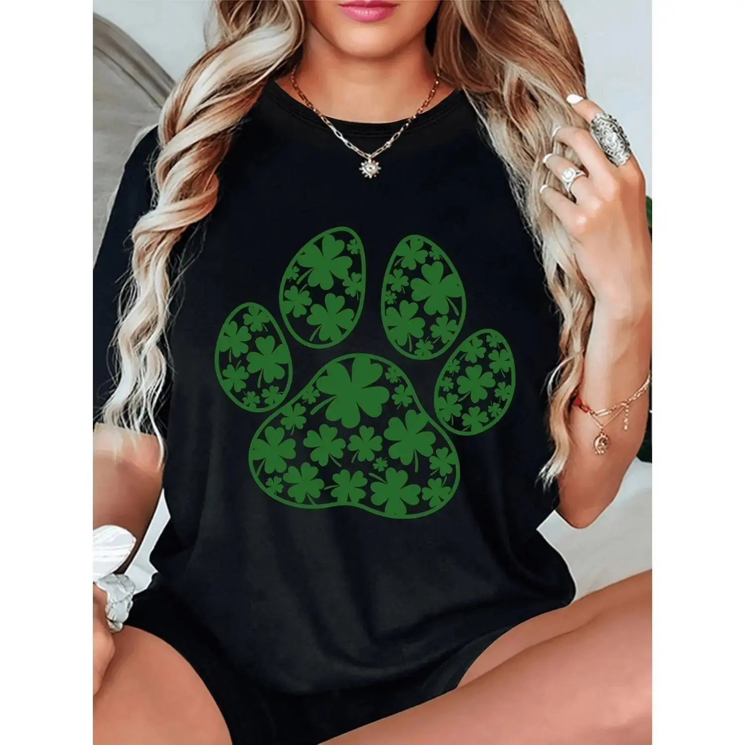 Chic Women's St Patrick's Day Tee with Puppy Paw and Shamrock Prints Comfortable Short Sleeve Top for Spring and Summer Easy to Clean Playful Style