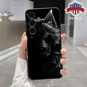 Domineering Wolf Pattern Straight Edge Phone Case Compatible with Galaxy S23  Ultra S24 Plus S25 S22+ Shockproof Non Slip Military-Grade Protection Liquid Silicone Cover Smartphone Casing