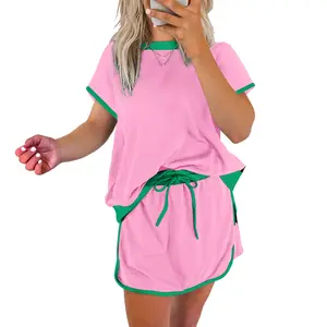 Asvivid Women's Colorblock Edge Drop Shoulder T Shirt and Skort 2Pcs Set Womenswear Summer Clothes