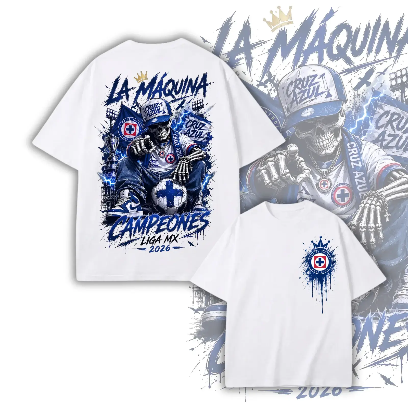 Men's Cruz Azul La Máquina Campeones 2026 Short-Sleeve Cotton T-Shirt - Breathable Streetwear Oversized Tee, Double-Sided Print, Skeleton Soccer Art, Crown Ball Design, Liga MX Supporter Gift