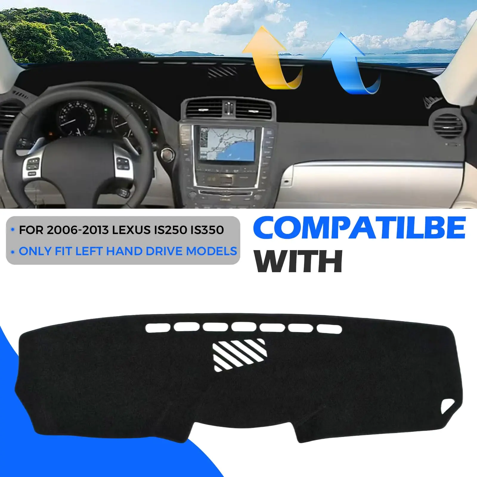 2006-2013 Lexus IS250 IS350 Dashboard Cover  Anti-Glare Dash Mat Sun Shade Protector - Black Non-Slip UV Heat Protection Interior Trim Accessories Prevent Cracking Fading, Custom-Fit, Dashboard Mat