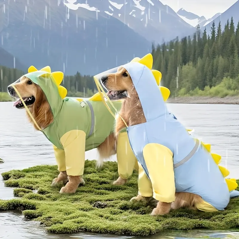 Large and Medium-Sized Golden Retriever Dinosaur Raincoat with Tail, Full-Legged Pet Dog Raincoat, Polyester Material, Large Size