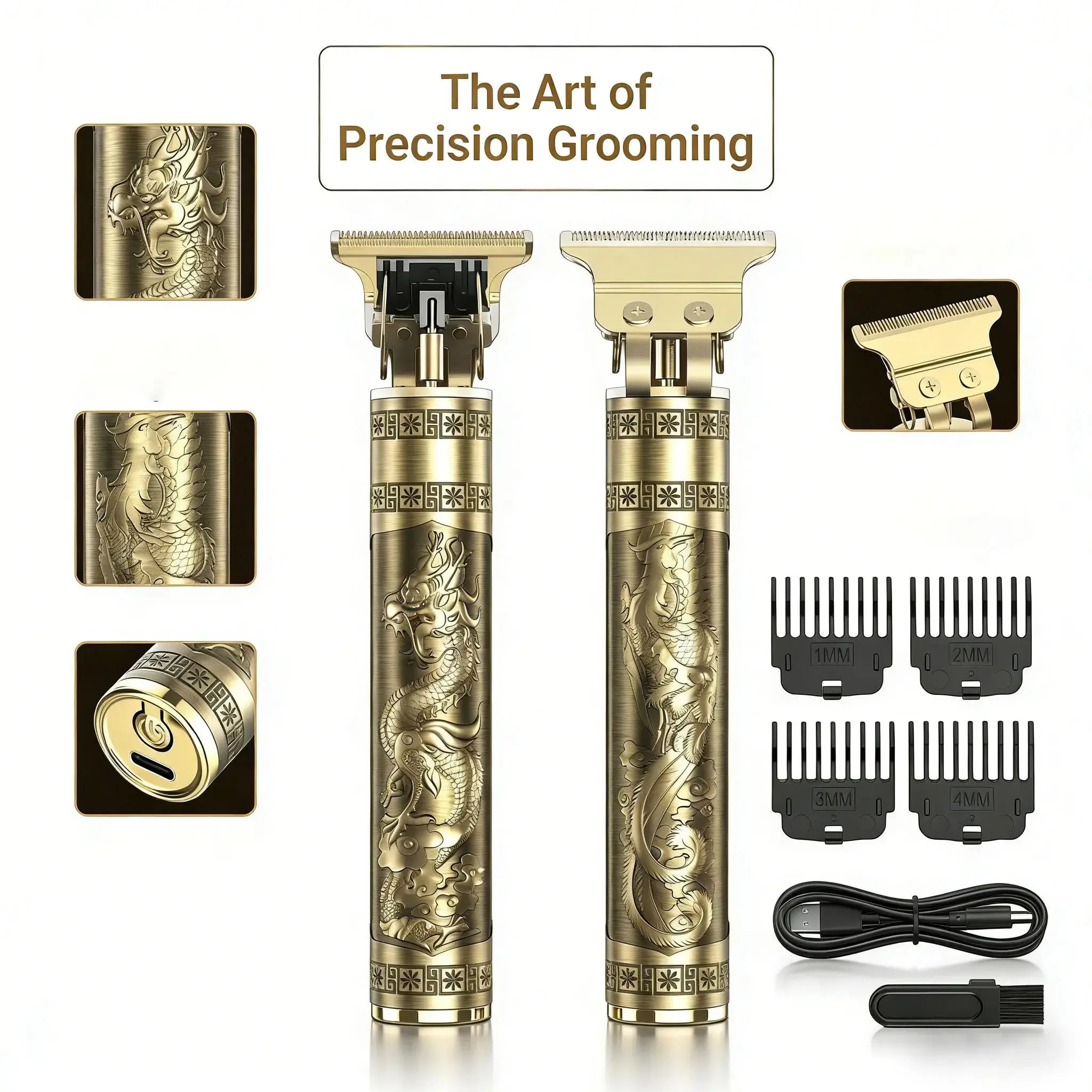 Men's Professional Golden Dragon Beard Trimmer Shaver: Cordless Rechargeable Hair Clipper Set, Precision T-Shaped Blades, Suitable for Home Grooming (Luxury Retro Gold)