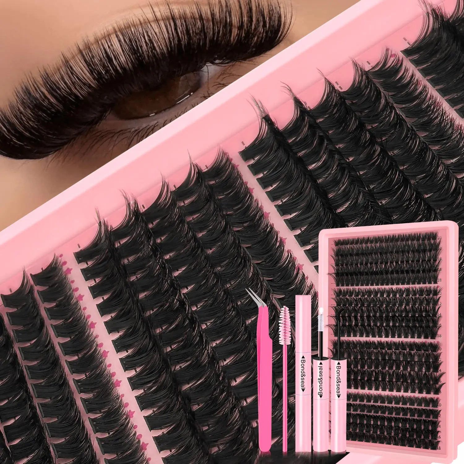 330PCS Black Dramatic Party False Eyelashes Clusters Kit with Glue & Tweezer, 80D+100D+120D+160D Fluffy Volume Wispy D Curl Lash Cluster Kit, 10-18MM Long-lasting Manga Individual Lash Makeup Tools for Beginner