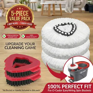 5 Piece Spin Mop Refill Set 3 Professional Microfiber Mop Heads and 2 Bonus Heavy Duty Scrub Brushes for Grout and Tile