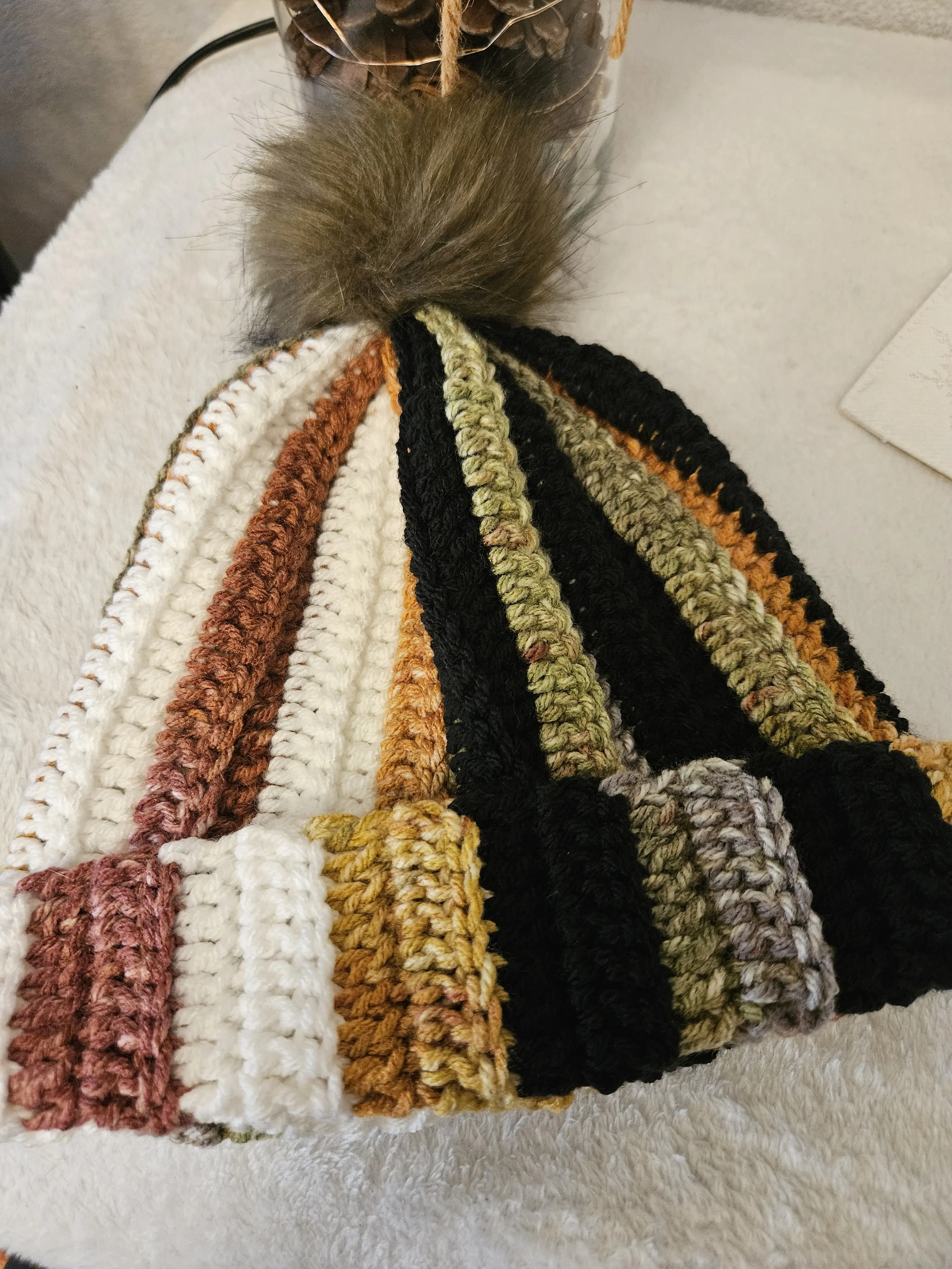 Handmade Fall/Winter Hat Adult Knit-Look Cap Striped Chunky Crochet Beanie with Faux Fur Pom Multicolor Cozy Ribbed Beanie for Winter Outfits