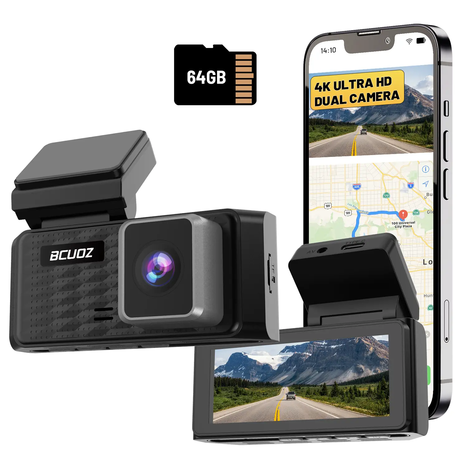 BCUOZ 4K Dash Cam Front and Rear, Built in Wi-Fi  & GPS Car Camera, Super Night Vision, 24H Parking Mode, Time-Lapse, Loop Recording, with 64GB Card