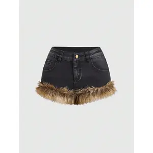 Women's Kpop Fur Patchwork Plushed Decorated Low Waist Denim Shorts, School