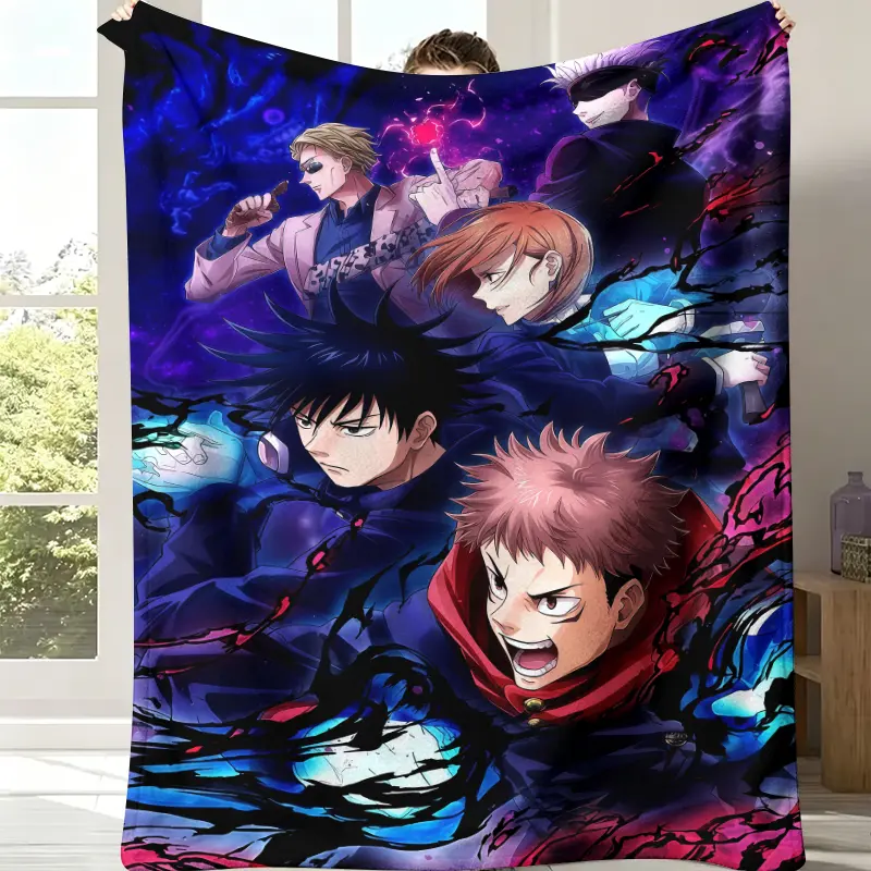 Glam Breathable Jujutsu Kaisen Cursed Magic Flannel Blanket - All-Over Deep Purple Blue Nebula Print, Soft Throw for Sofa Lounging, Features Yuji, Megumi, Nobara, Gojo, Nanami Team & Dark Sorcery Theme, Multi-Size