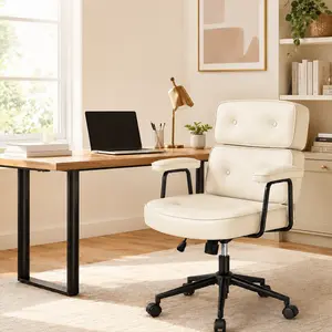 Vintage Leather Ergonomic Office Chair with Lumbar Support, Adjustable Height, 360° Swivel Rolling Wheels, Tufted Padded Seat, Armrests & Black Metal Frame, Retro Desk Chair for Home Office, Gaming, Work & Study