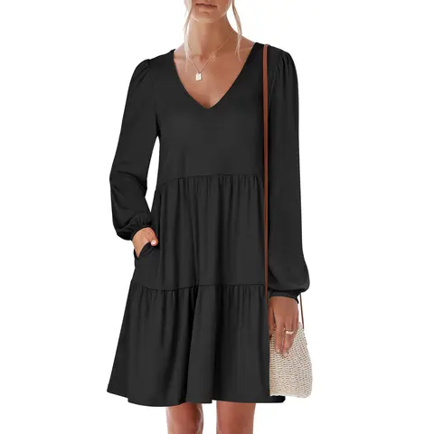 ANRABESS Womens Long Sleeve Dress 2026 Fall Casual V Neck Tiered Flowy Short Dresses Beach Travel Vacation Outfits
