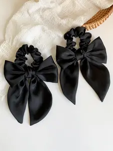 Summer 2024 Solid Color Bow Decor Hair Scrunchie, 2 Counts Elegant High Stretch Hair Tie for Women, Minimalist Headwear Suitable for Thick Hair, Ponytail Hairstyle