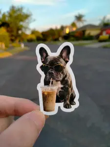 French Bulldog Iced Coffee Sticker, Funny Dog Coffee Lover Sticker, Grunge Frenchie Sticker, Trendy Aesthetic Dog Sticker