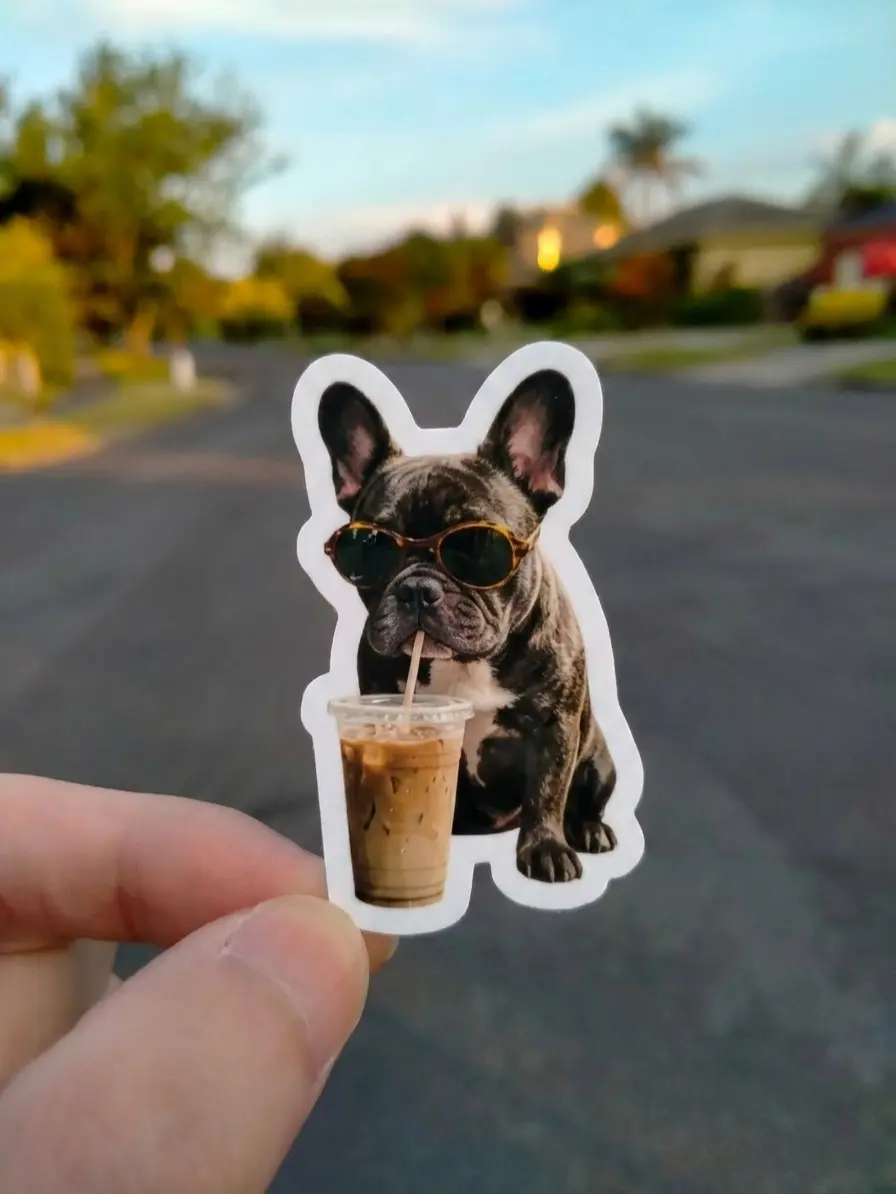 French Bulldog Iced Coffee Sticker, Funny Dog Coffee Lover Sticker, Grunge Frenchie Sticker, Trendy Aesthetic Dog Sticker