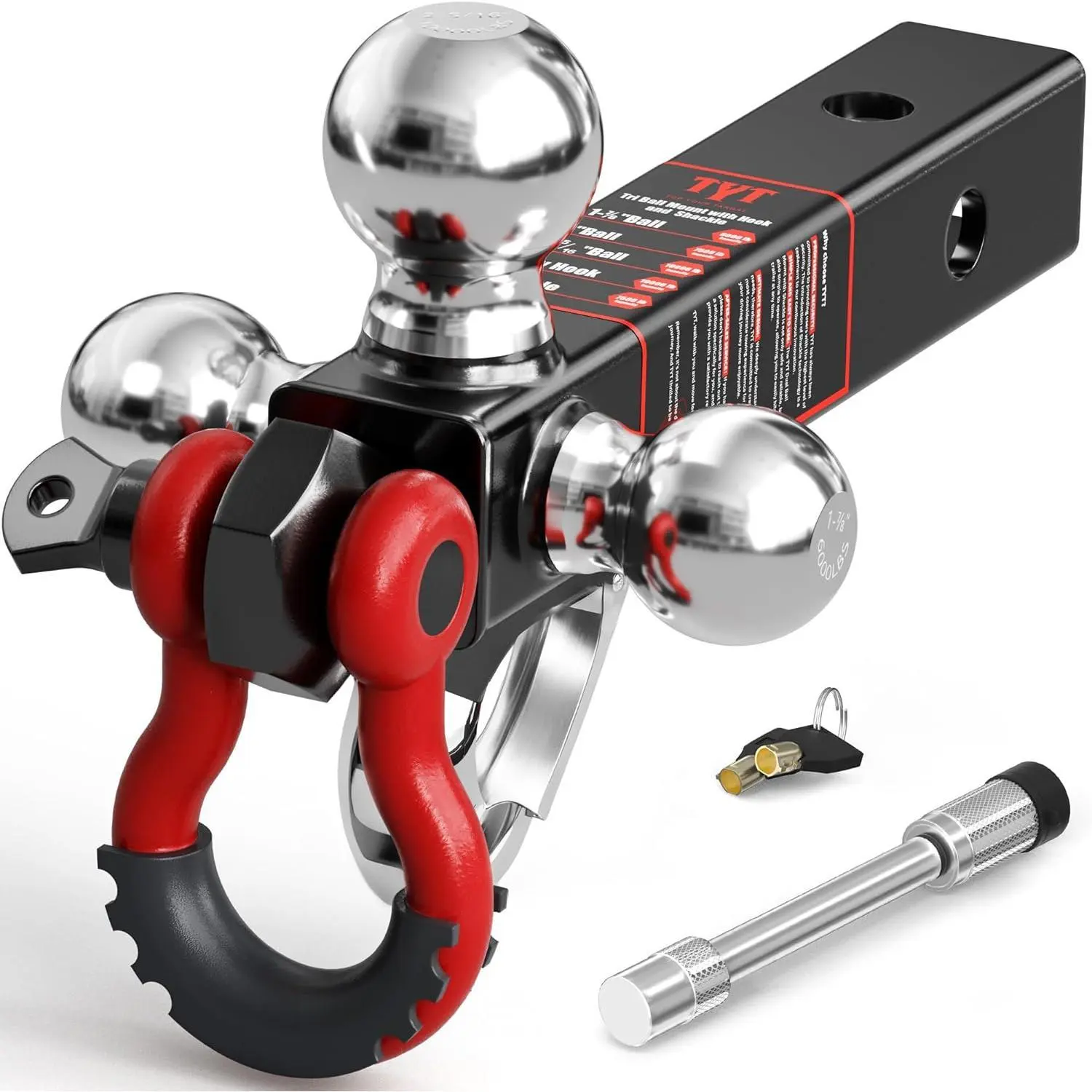 TYT Tri Ball Hitch Trailer Mount With Locks, Tow Hook & Clevis Shackle, Fits 2 Inch Receiver With 2-5/16", 2", 1-7/8" Ball, Black