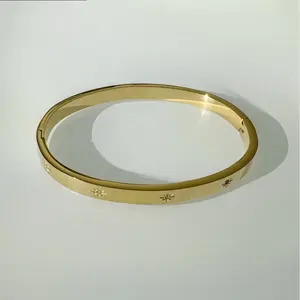 Stainless Steel Gold Women’s Tarnish-Free Star-Engraved Cuff Bangle Bracelet Size 7 party daily