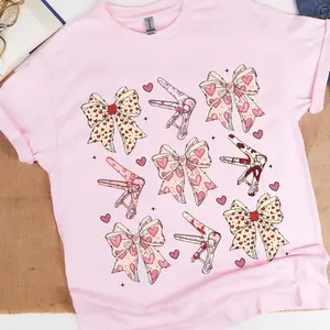 Valentine Bow Shirt, Cute Pink Bow Graphic Tee with Hearts and Scissors, Trendy Valentine Gift X