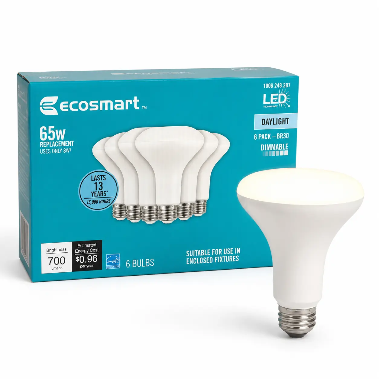 EcoSmart BR30 LED Bulbs 6-Pack, 65W Equivalent, 700 Lumens, Daylight, Dimmable, E26 Base, 8W Energy Saving