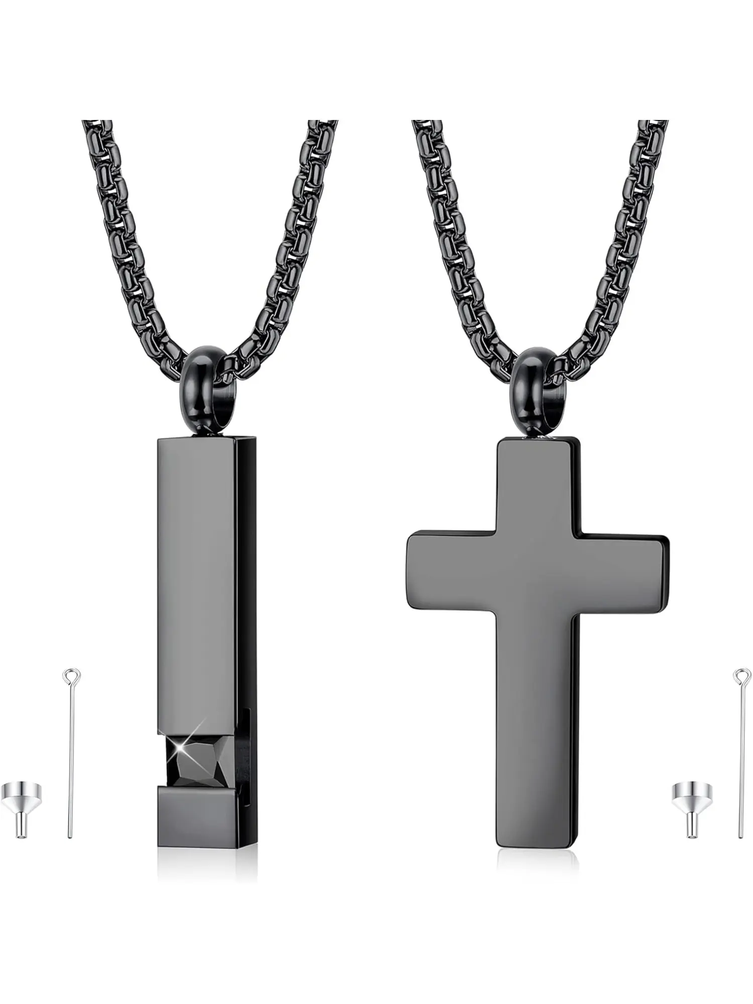2 Pcs Black Cross Cube Cremation Urn Necklaces, Cross Chain Design, Durable Jewelry, for Women Men Stainless Steel Memorial Keepsakes Hollow Cross Cube Pendant Sparkling CZ Matte Black Finish Texture Secure Screw Sealing Structure Cross Link Chain