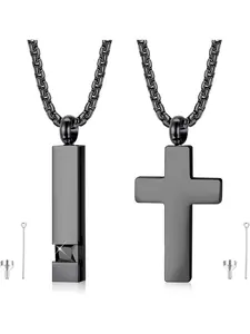 2 Pcs Black Cross Cube Cremation Urn Necklaces, Cross Chain Design, for Women Men Stainless Steel Memorial Keepsakes Hollow Cross Cube Pendant Sparkling CZ Matte Black Finish Solemn Exquisite Texture Secure Screw Sealing Structure