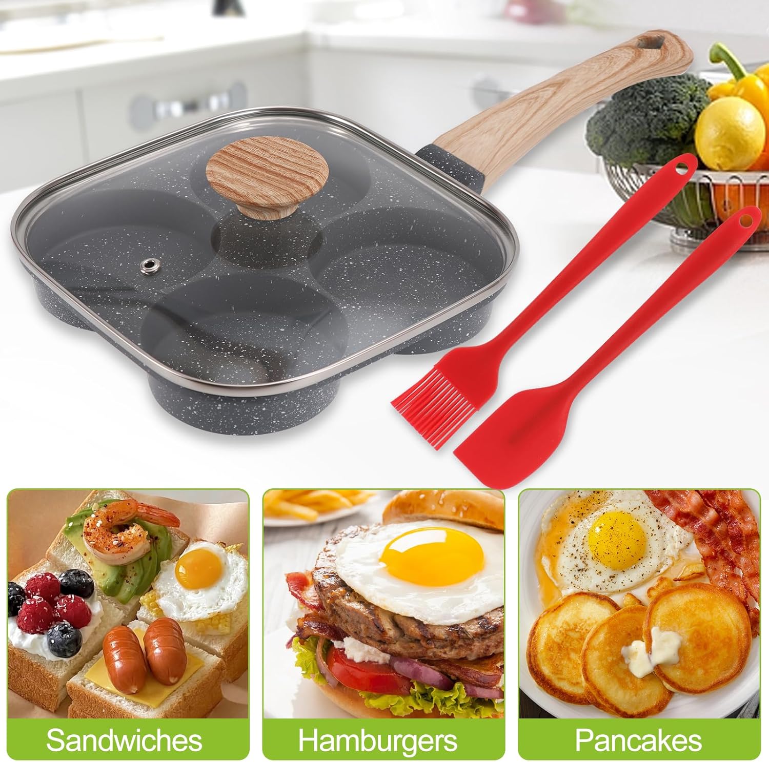4-Cup Egg Pan, Premium Egg Pans Nonstick, Omelette Pan with Lid , Healthy Egg Frying Pan for Breakfast, Egg Sandwich, Hamburger, Pancake, Egg Skillet Suitable for Gas Stove & Induction Cookware