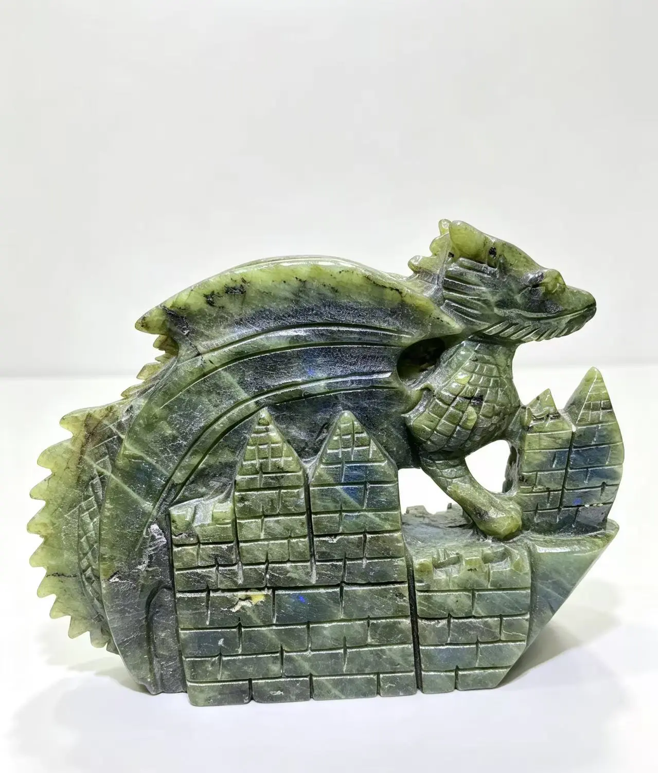 Natural Labradorite Carved Dragon On Castle Sculpture, Flash Blue Shine Crystal Statue