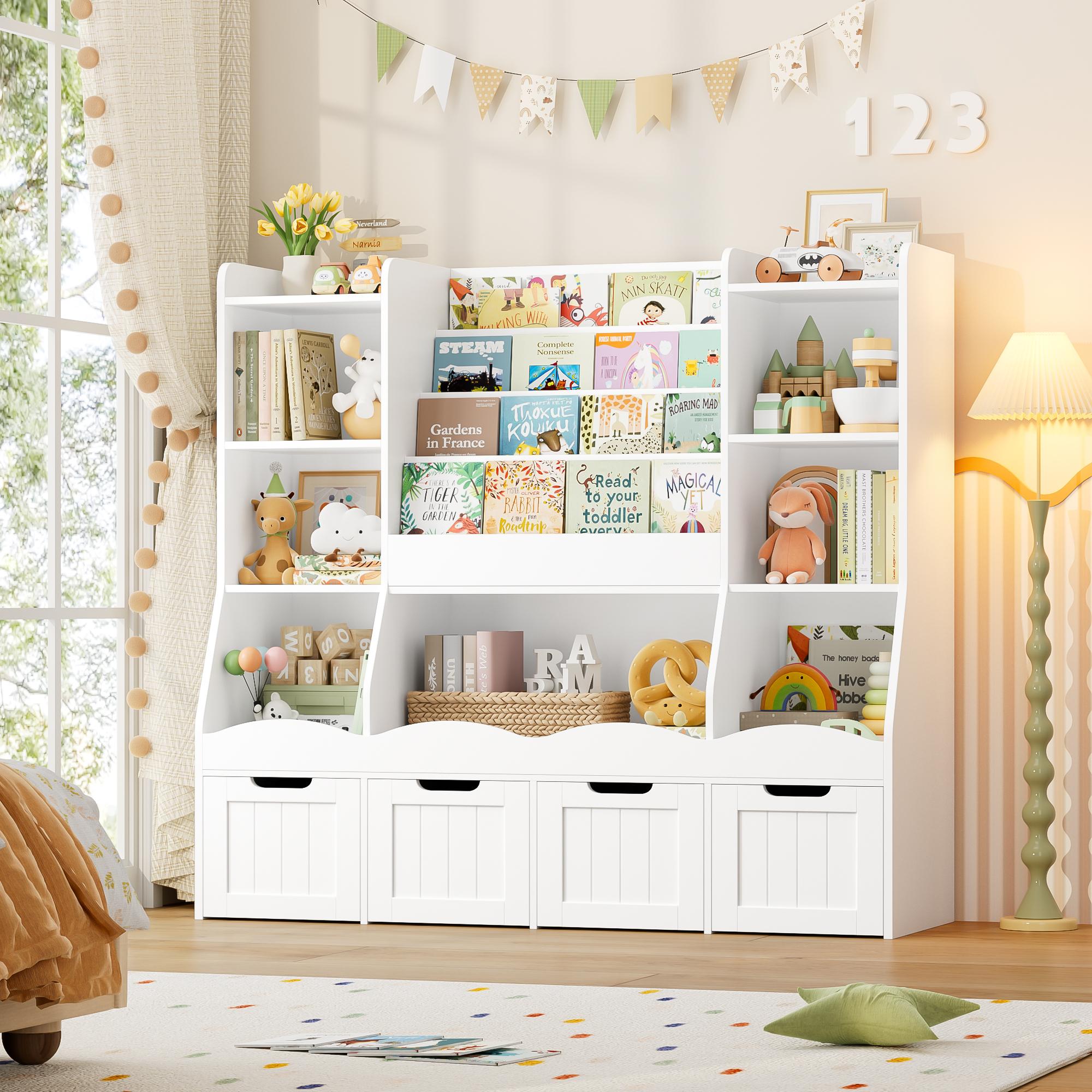 FOTOSOK Storage Organizer,  Bookshelf Book Shelf for Room with 4 Movable Drawers and 7 Storage Cubbies