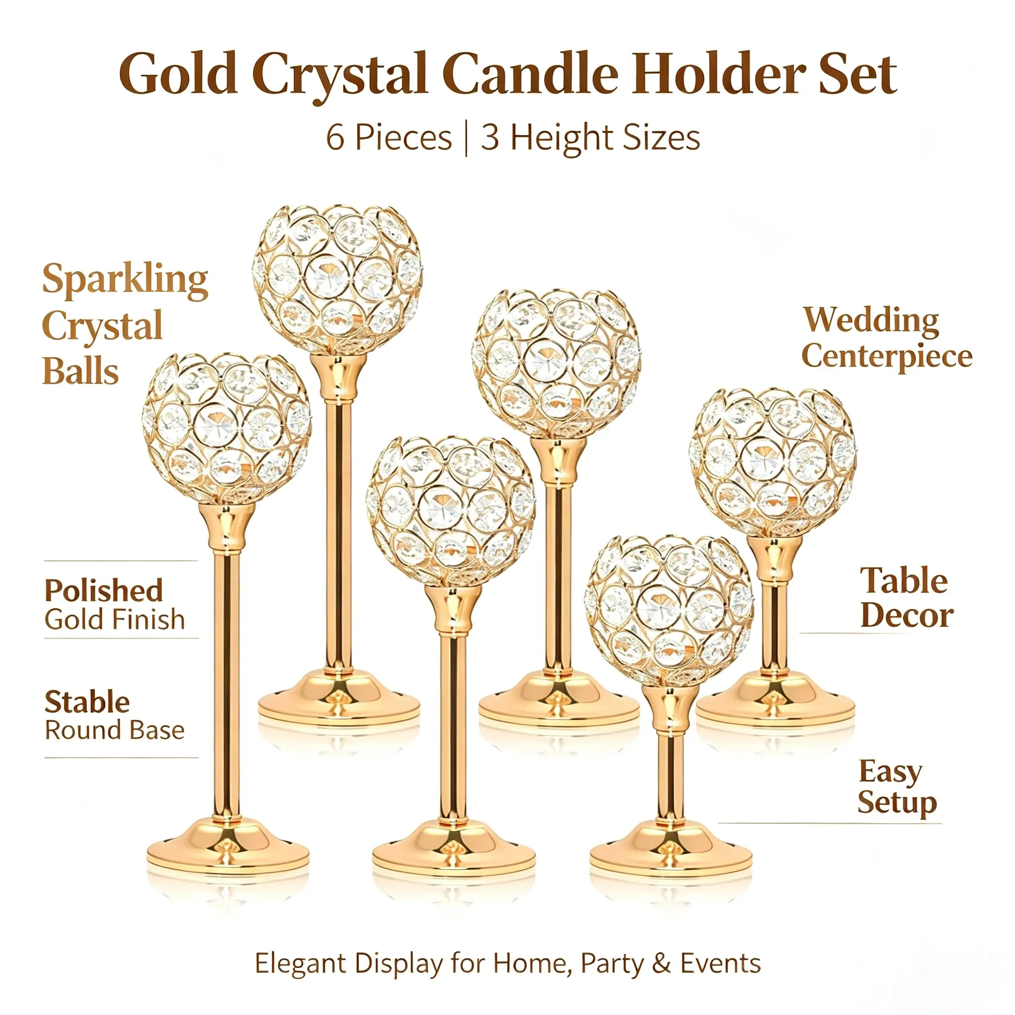 Metal&Crystal Gold & Silver Hurricane Candle Holders, 3/6-Pack Windproof Candlesticks, Minimalist Home Supplies Ornaments for Wedding, Anniversary Table Centerpieces