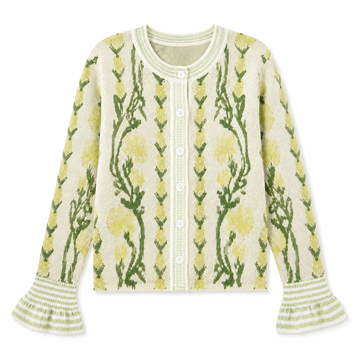 Women’s Vintage Floral Knit Cardigan, 6-Button Round Neck Bell Sleeve Sweater, Cottagecore Botanical Casual Top