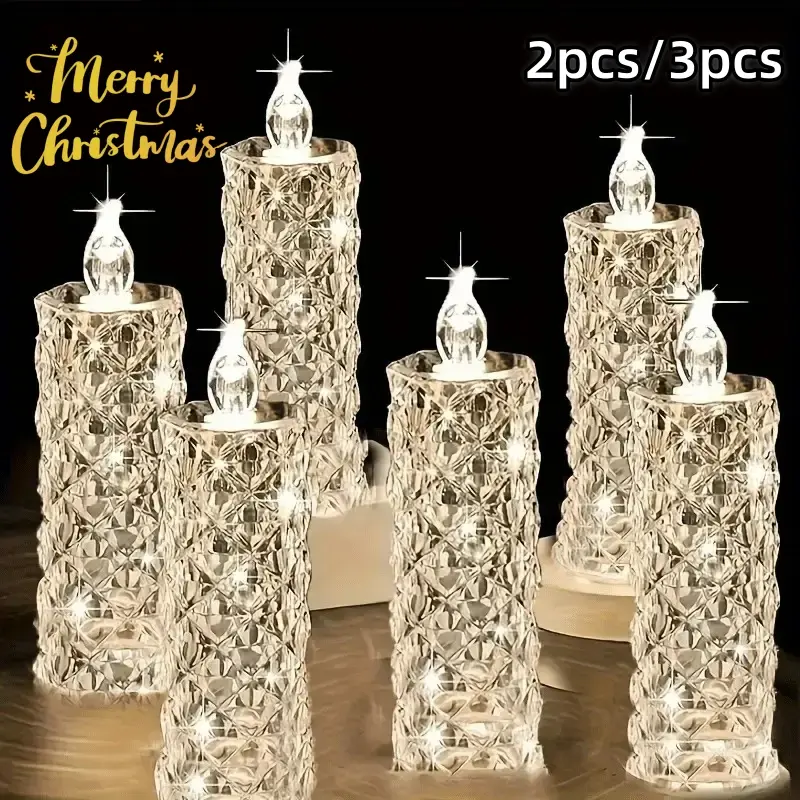 3pcs Battery-Operated LED Pillar Candles, Battery Powered Light, Flameless Safe Lighting with Crystal-Like Faceted Design & Sparkling Light Reflection, Polished Metal Finish for Weddings, Long-Lasting for Romantic Ambiance, Home Decor Lighting