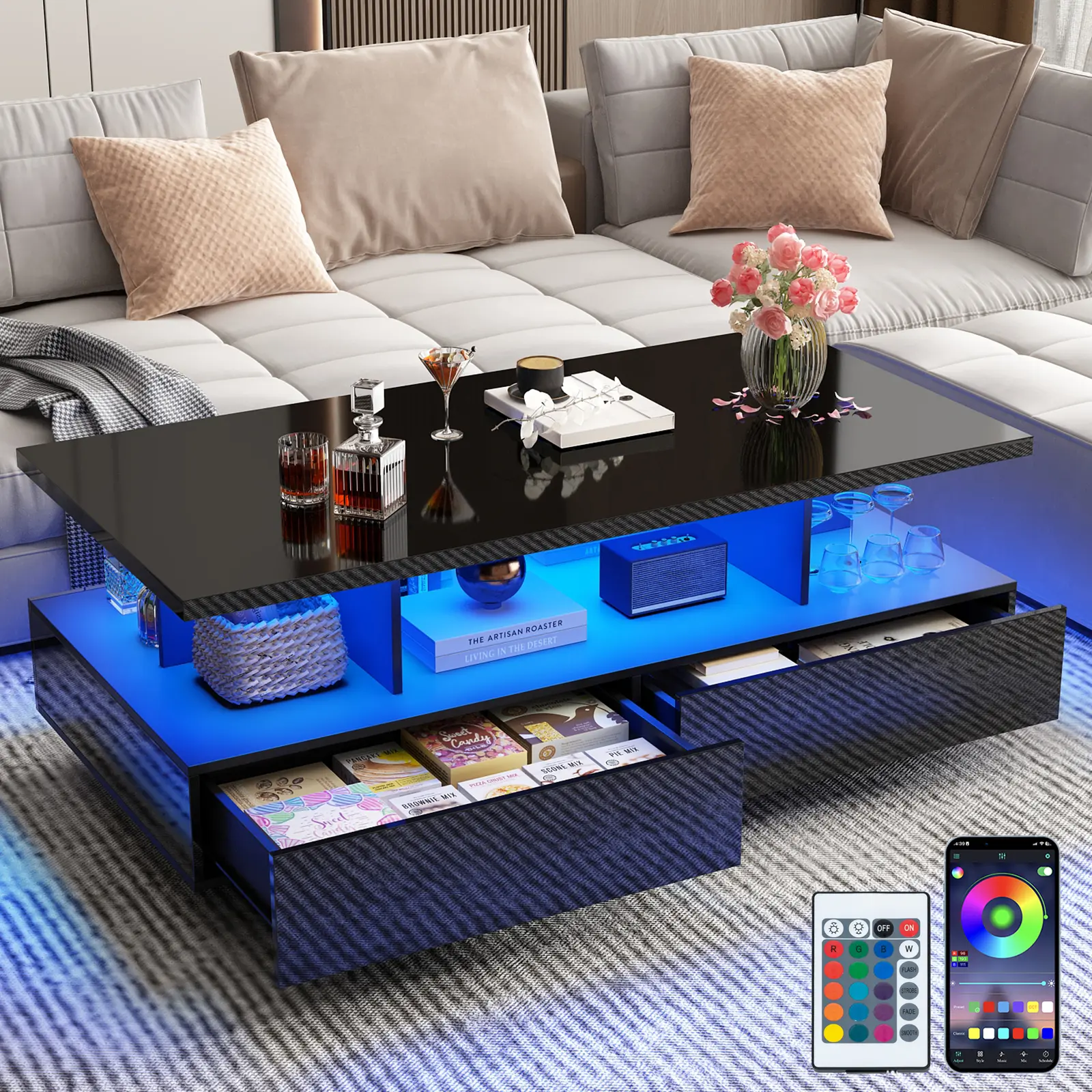 LED Coffee Table with 2 Storage Drawers, High Glossy Coffee Table with 60,000-Color Lights, Modern Rectangle 2-Tier Center Table with Display Shelf for Living Room, Black