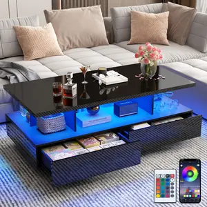 LED Coffee Table with 2 Storage Drawers, High Glossy Coffee Table with 60,000-Color Lights, Modern Rectangle 2-Tier Center Table with Display Shelf for Living Room, Black