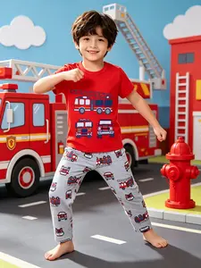 Boys' Dinosaur Construction Truck Print Sleepwear Set, Fitted Short Sleeve Top & Long Pants, Casual Home Wear, 2 Piece Set, Cartoon Print Pajama, Pajama Lounge Sets