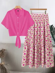 Women's Comfortable Breathable Fabric Set, Fresh Floral Print Shirt & Elastic Waist Skirt, Ideal for Daily Commute/leisure