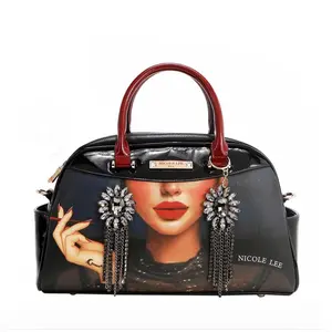 Glossy Vegan Leather Dome Satchel with Rhinestone Detail Dual Handles Detachable Crossbody Strap Spacious Interior Zip & Slip Pockets