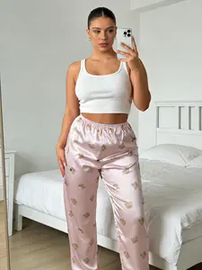 Chic Pink Teddy Bear Print Sleep Pants, Elastic Waist Cartoon Print Long Pants, Casual Loose Lazy Home Pants for All Seasons