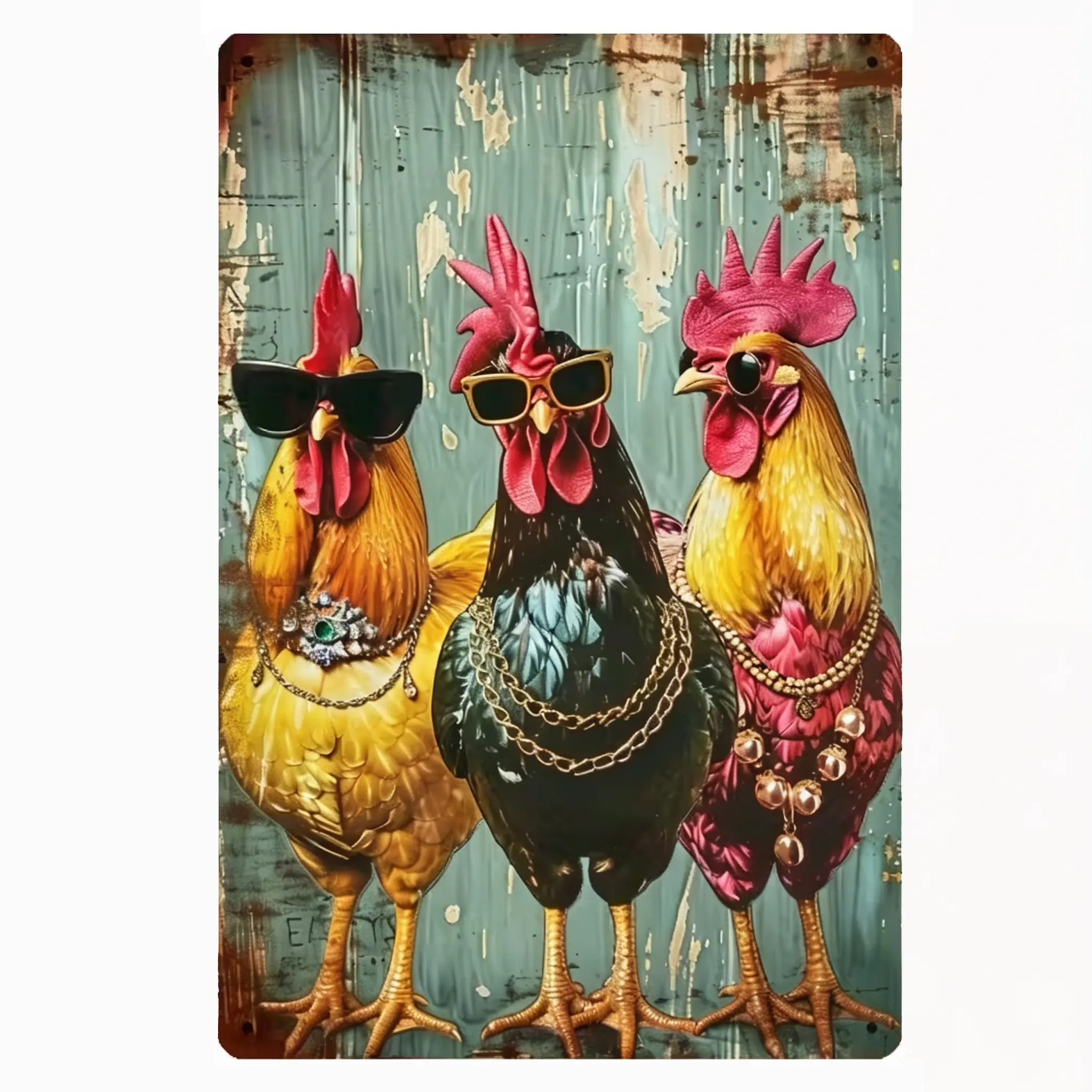 Retro Iron Distressed Metal Tin Sign - 3 Cool Roosters (Casual Birds) in Sunglasses & Gold Chains, Hip-Hop Inspired Adult Decorative Wall Plaque for Farmhouse Decor, Kitchen Bar, Man Cave Home Supplies Wall Art, Rustic