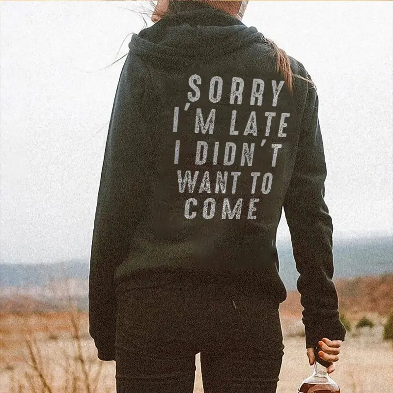 Sorry I'm Late I Didn't Want To Come Letters Printing Casual Tshirt, Hoodie, Sweatshirt, Skull, Aesthetic Tatoo Outfits, Edgy retro Biker, Gothic streetwear, Retro Vintage Y2k Graphic Tees, Polyester, Women, T-Shirt, Apparel