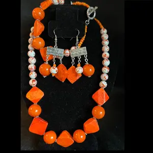 Vibrant Orange and White Beaded Jewelry Set